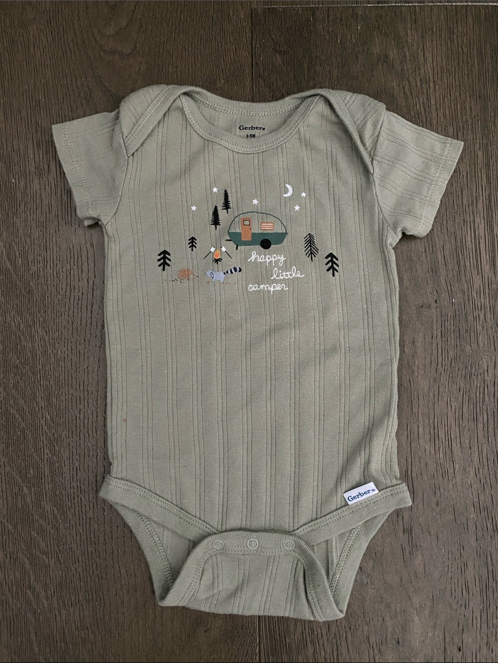 Gerber Olive Ribbed 'Happy Little Camper' One-Piece 6-9 M
